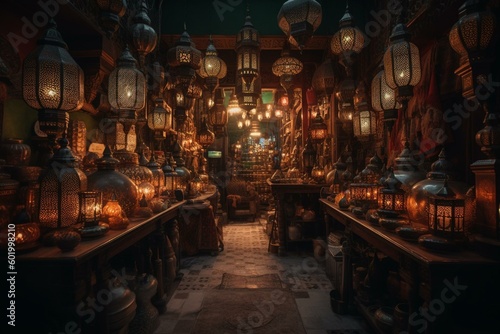 Shop selling lights in the traditional marketplace of Marrakech. Generative AI