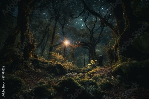 Eerie enchanted forest with luminescent lights under the starry night sky. Generative AI