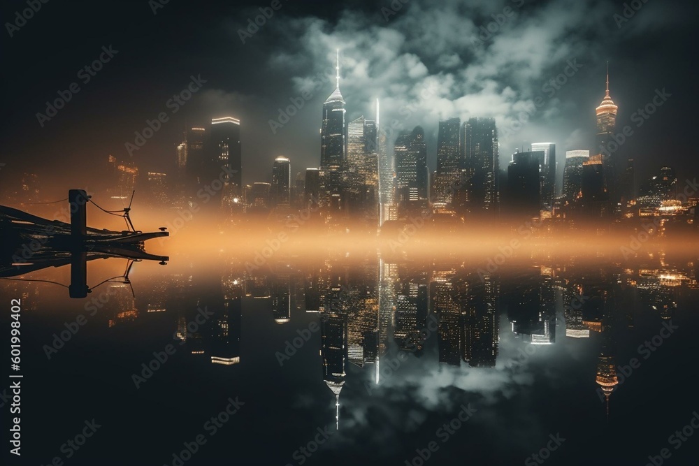 A bustling metropolis with glowing lights in the sky, hazy smoke in the air, and cloudy reflections in the water. Generative AI