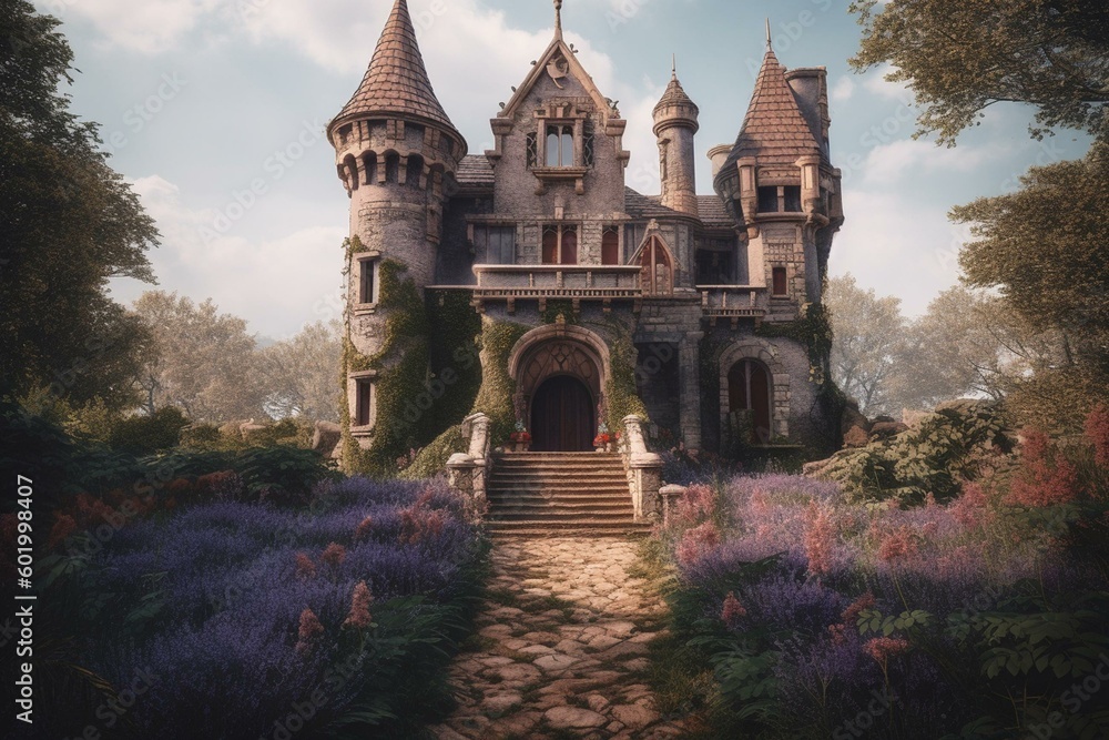 An entrance to a fantasy castle with a purple and blue sky. Generative AI