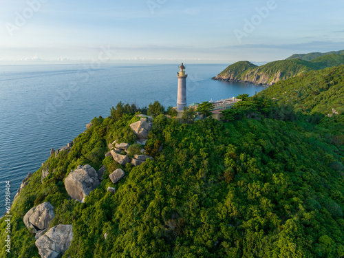 Aerial view of Dai Lanh lighthouse at Mui Dien, Phu Yen, Vietnam