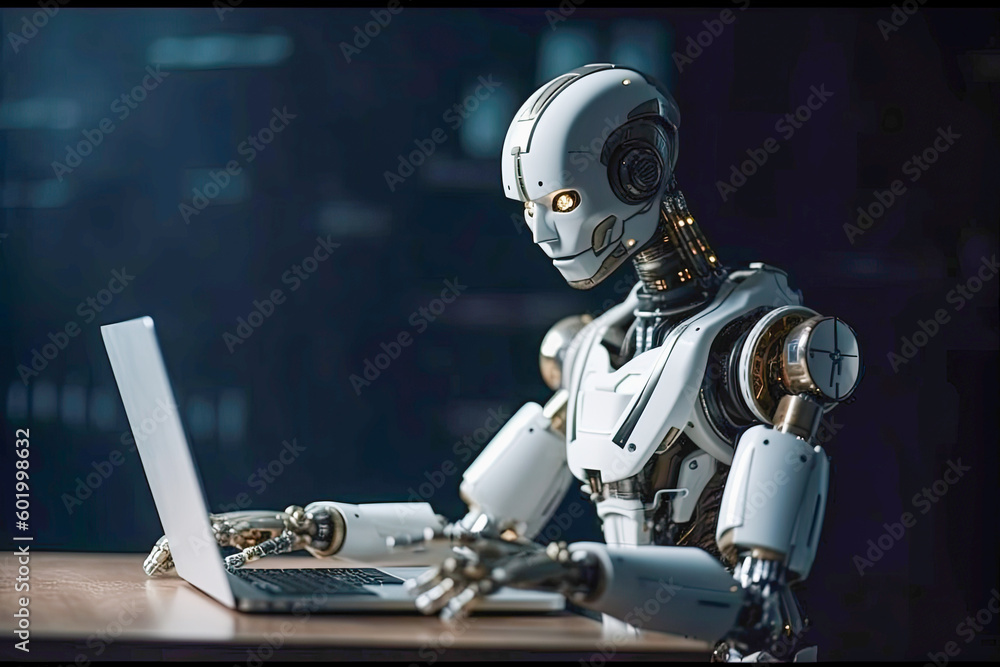 A futuristic robot at work, typing on a laptop at a desk. Generative AI A futuristic robot at work, typing on a laptop at a desk. Generative AI