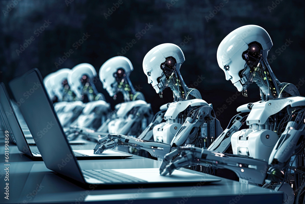 A row of futuristic robots perched on top of a working laptop computer. Generative AI