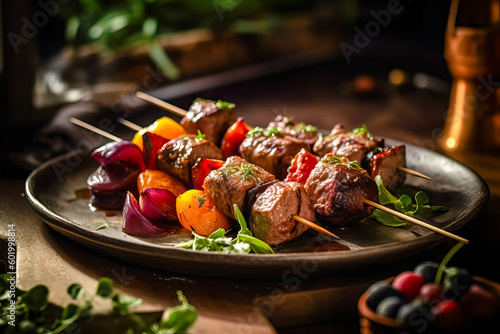 Grilled meat skewers, shish kebab with vegetables on wooden board. Good food. Delicious food photo