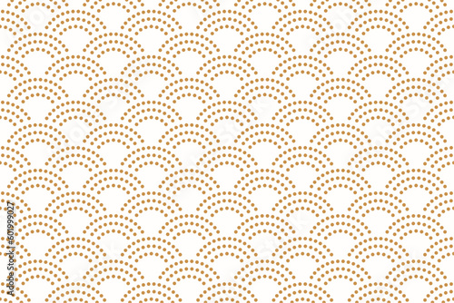 Fish scale seamless pattern with subtle gold dotted dash line, Japanese wave seashell repeat background vector for print.