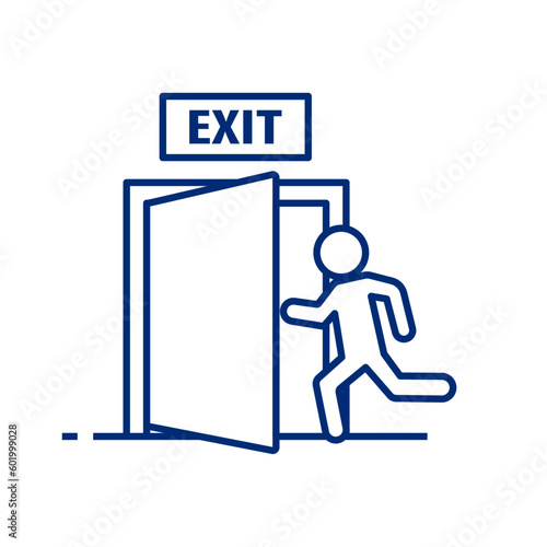 A person running towards the exit door icon. Vector line icon with editable stroke.