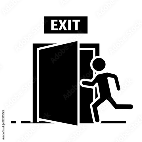Exit door icon with the person running towards it. Vector glyph icon.