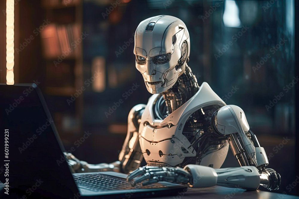 A futuristic robot working on a laptop computer. Generative AI A futuristic robot working on a laptop computer. Generative AI