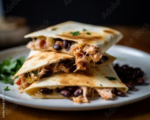 quesadilla with shredded chicken and black beans on a white plate