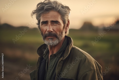 Portrait of a farmer standing in his field. Ai generative.