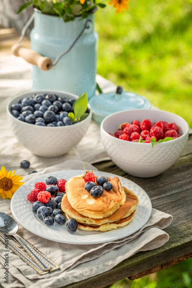 Delicious and homemade american pancakes for breakfast in sunny garden. Delicious and homemade american pancakes for breakfast in sunny garden.
