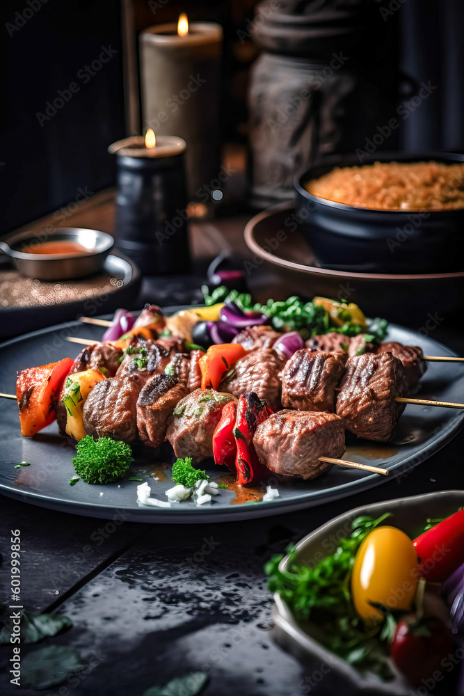 Grilled meat skewers, shish kebab with vegetables on wooden board. Good food. Delicious food Grilled meat skewers, shish kebab with vegetables on wooden board. Good food. Delicious food