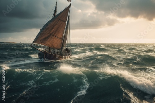 Canvas art of a Viking sailboat sailing in the North Sea near Scandinavia. Generative AI