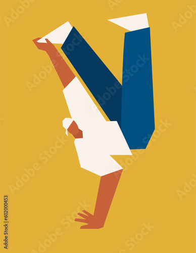 Break dancer dancing and making a freeze on one hand. Cubism art. Vector illustration Isolated on yellow background