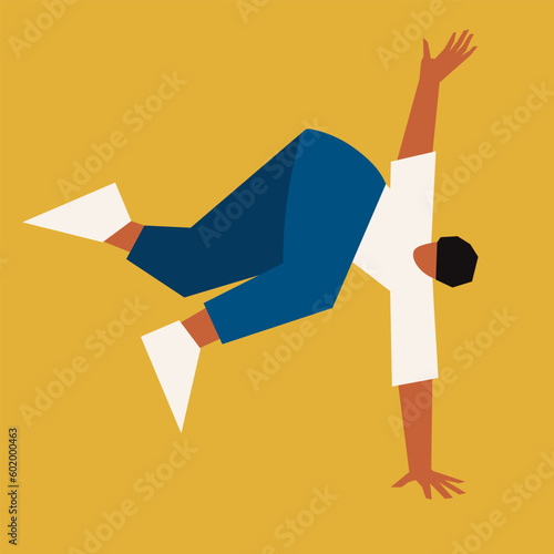 Break dancer dancing and making a freeze on one hand. Cubism art. Vector illustration Isolated on yellow background