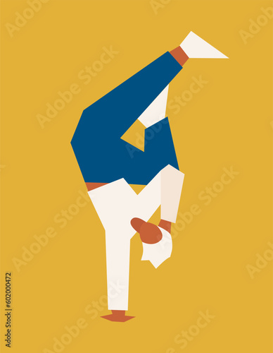 Break dancer dancing and making a freeze on one hand. Cubism art. Vector illustration Isolated on yellow background
