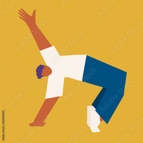 Break dancer dancing and making a freeze on one hand. Cubism art. Vector illustration Isolated on yellow background