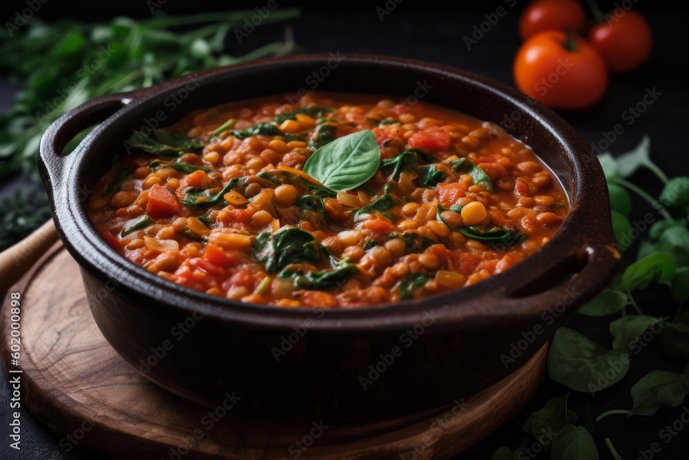 vegetarian lentil stew with tomatoes and spinach in a rustic pot vegetarian lentil stew with tomatoes and spinach in a rustic pot