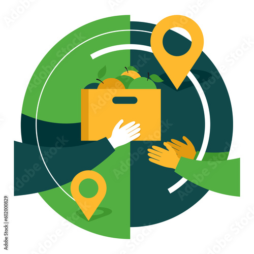Box of local foods giving from hand to hand