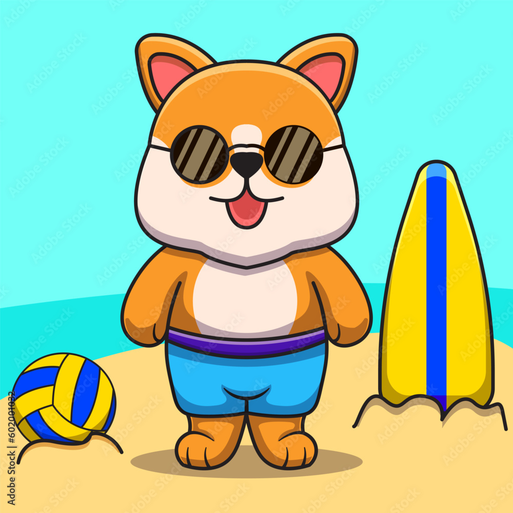 Naklejka premium cute corgi vector illustration on the beach