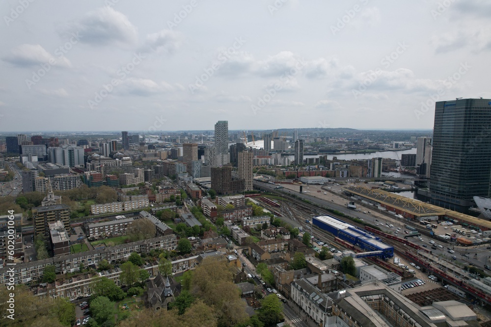 Poplar East London UK Flats ,apartments , housing drone aerial view.