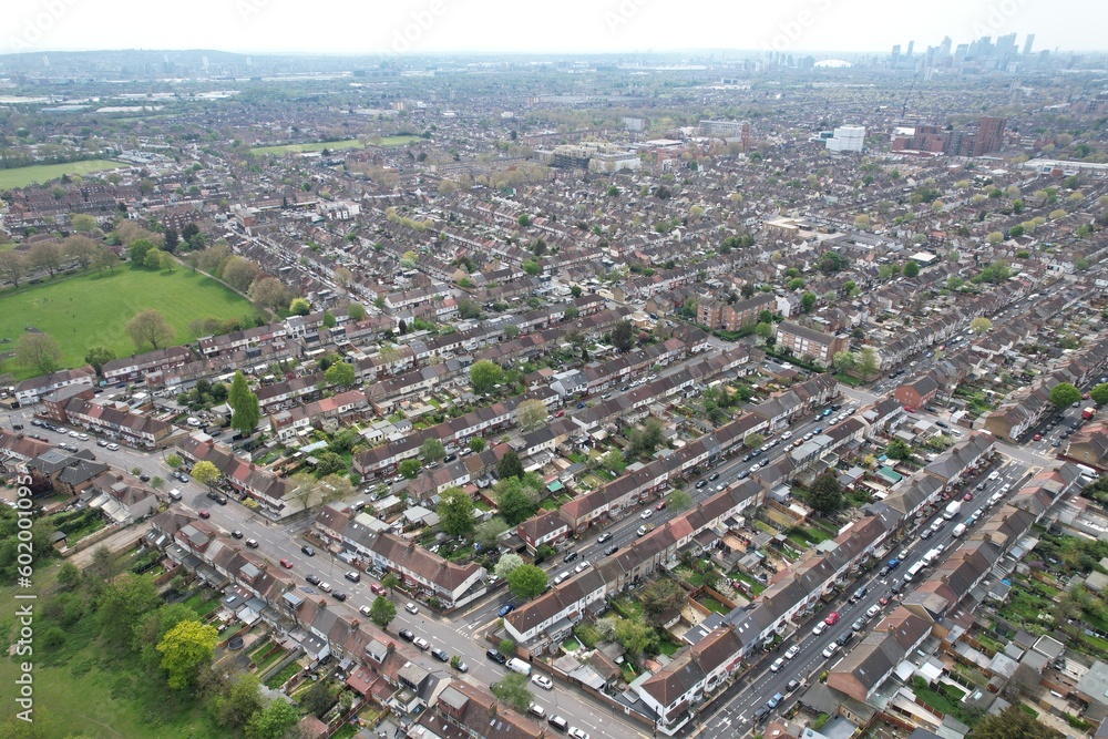 East Ham London UK streets and roads drone aerial view.