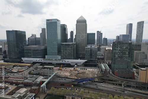 Skyscrapers Canary Wharf financial district London UK drone aerial view photo