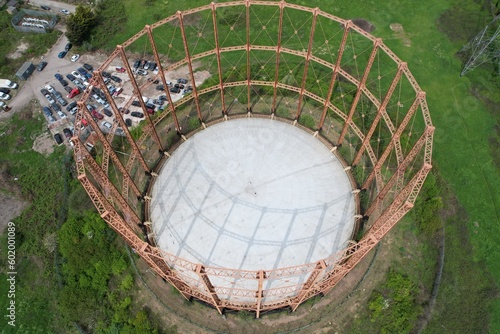 Canvas Print Disused gas holder East Ham London UK over head drone aerial .