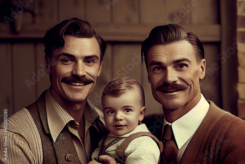 A passionate portrait of two gay men and a baby in vintge style, capturing the love and affection between partners, generative ai. A beautiful representation of love and commitment