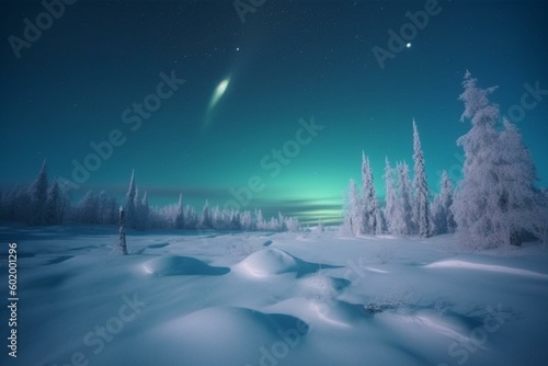 Winter landscape under the blue aurora sky. Space for message. Generative AI © Iliana