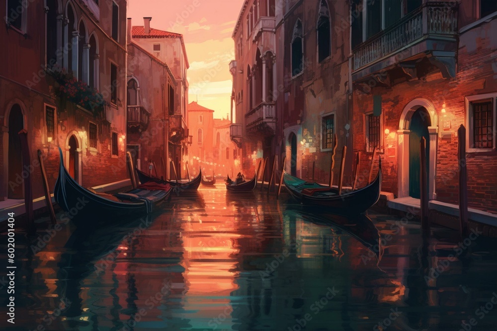 Vibrant Venice painting with abstract canals background. Modern digital art. Generative AI