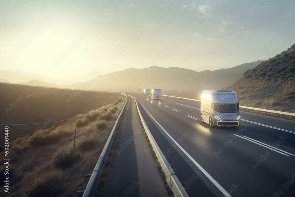 Autonomous truck driving on highway. Generative AI