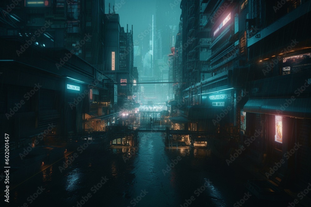 A cyberpunk metropolis projected by holograms and displaying future technology. Generative AI