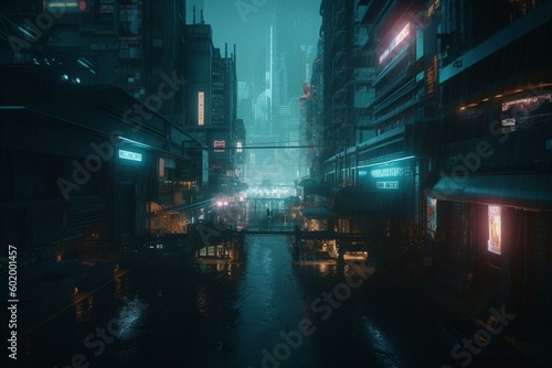 A cyberpunk metropolis projected by holograms and displaying future technology. Generative AI