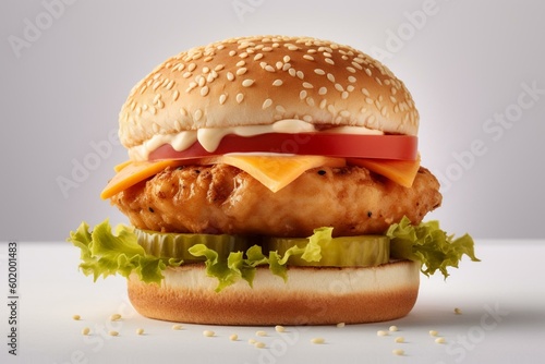 Juicy burger with chicken and cheese, standing alone on white. Generative AI
