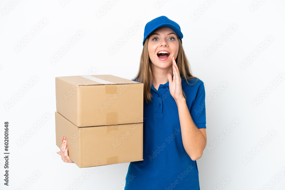 Delivery Lithuanian woman isolated on white background with surprise and shocked facial expression Delivery Lithuanian woman isolated on white background with surprise and shocked facial expression