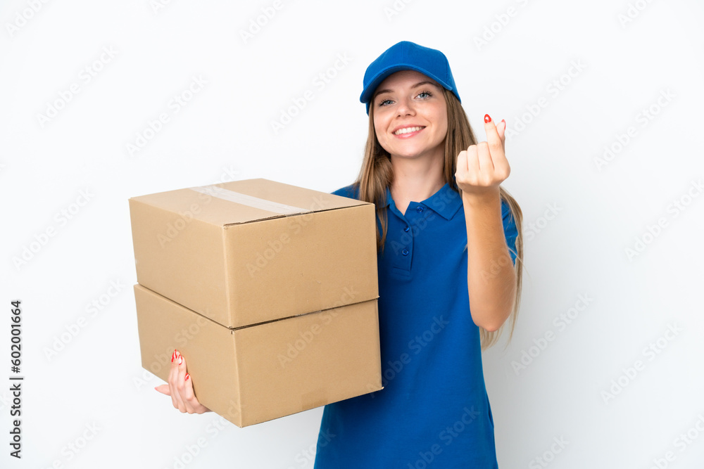 Delivery Lithuanian woman isolated on white background making money gesture Delivery Lithuanian woman isolated on white background making money gesture