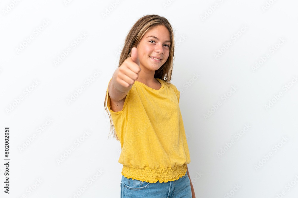 Little caucasian girl isolated on white background with thumbs up because something good has happened Little caucasian girl isolated on white background with thumbs up because something good has happened