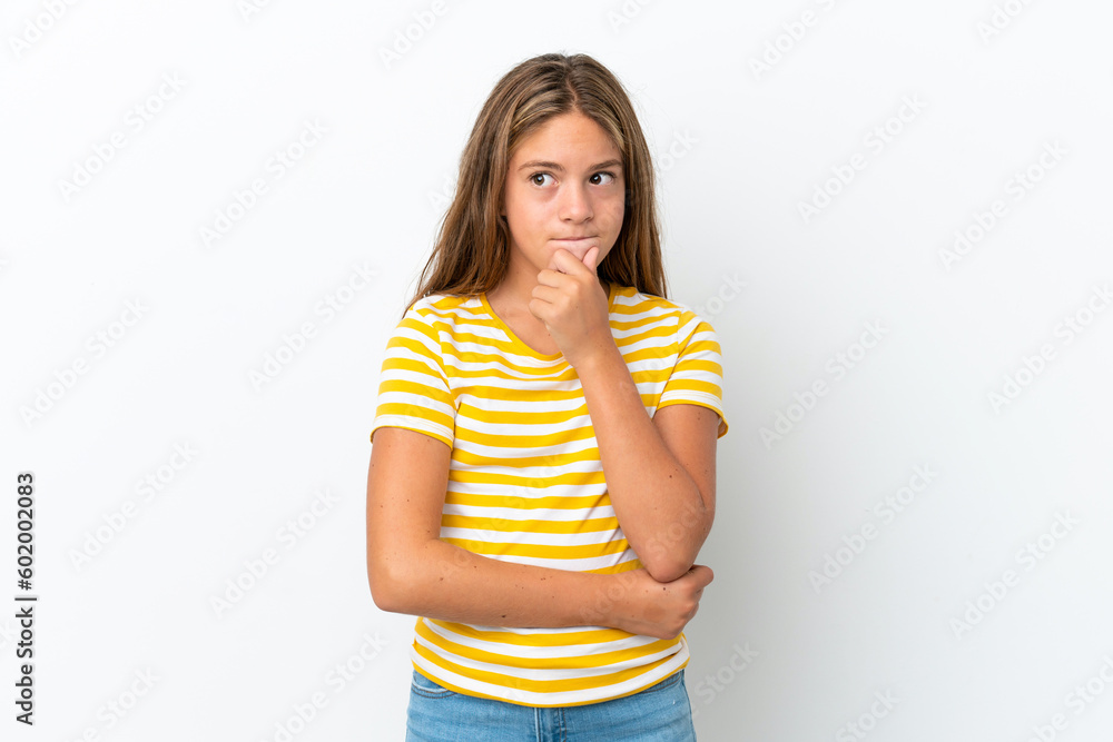 Little caucasian girl isolated on white background having doubts and thinking Little caucasian girl isolated on white background having doubts and thinking