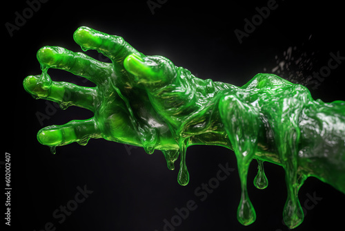 Green slime halloween hand against a black background. Generative ai