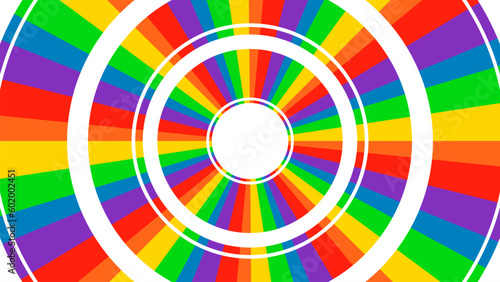 Background Rainbow Swirl. LGBT Pride Multicolored. White Radial Circle Circular on Colorful Twisting Towards Center Movement BG. Comic Shining Ray Scene Event LGBTQ+ Parade.