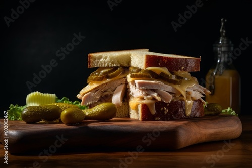 turkey sandwich with melted cheese and pickles on sourdough bread