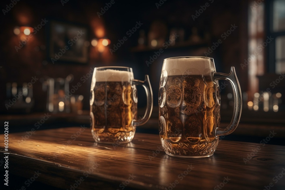 Two beer mugs toast on wooden bar with frothy heads. Generative AI