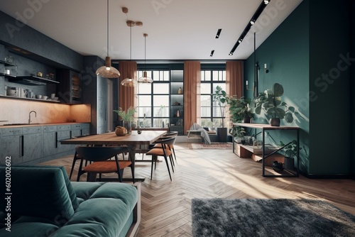 A sample apartment with a unique interior design. Generative AI