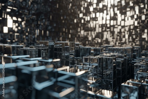 Futuristic chrome wave with silver cubes. 3d illustration of technology. Hi-tech voxel backdrop. Generative AI