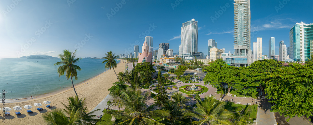 Nha Trang landscape with beach and high-rise buildings, famous vacation destination in Khanh Hoa, Vietnam