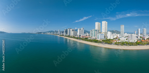 Nha Trang landscape with beach and high-rise buildings, famous vacation destination in Khanh Hoa, Vietnam