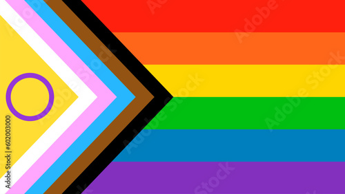 Progress Flag. LGBT Pride Flag 2021. Background BG Rainbow. Multicolored Inclusive Intersex. Horizontal Stripes Rectangle. LGBTQ+ Movement Event Parade.