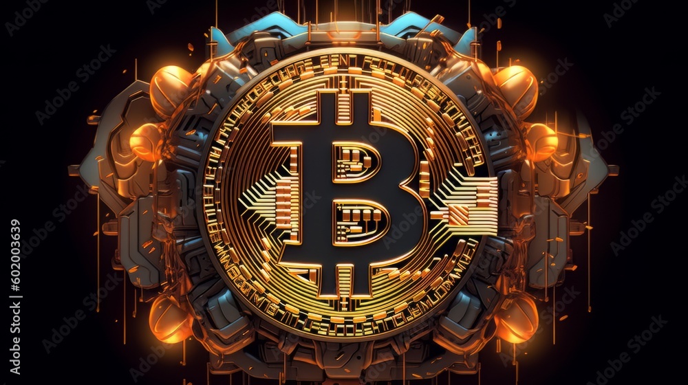 Bitcoin cryptocurrency, virtual money concept and blockchain illustration with technology background. Created by generative Ai Bitcoin cryptocurrency, virtual money concept and blockchain illustration with technology background. Created by generative Ai