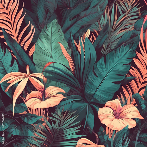 Floral Pattern Of Tropical Plant Leaves Palm Tree Illustration